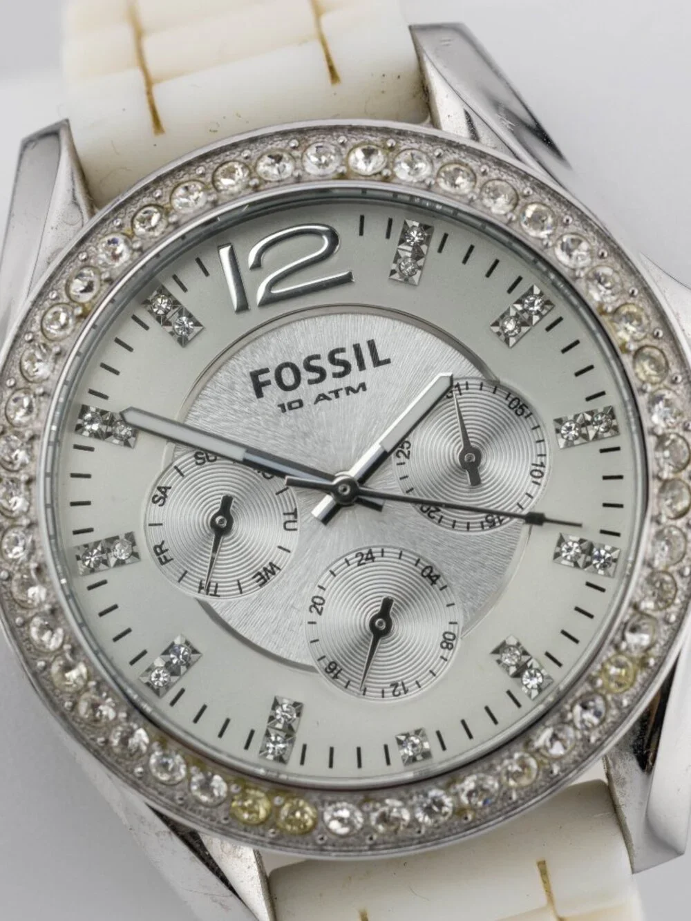 Fossil ES-2344 White Resin Crystal Bezel Quartz Analog Women's Watch New Battery